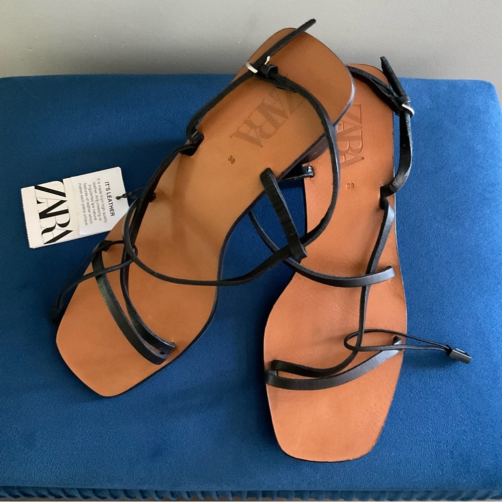 Zara Black Strappy heel Sandals with Brown Footbed